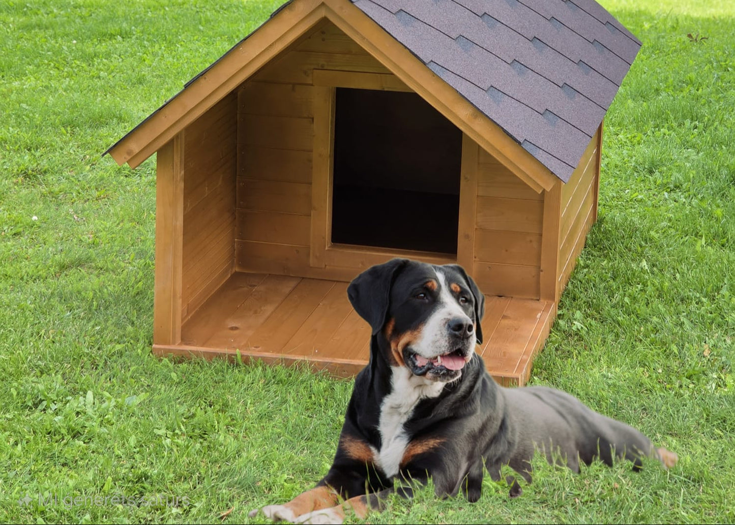 Dog sitting in front of a wooden doghouse on grass