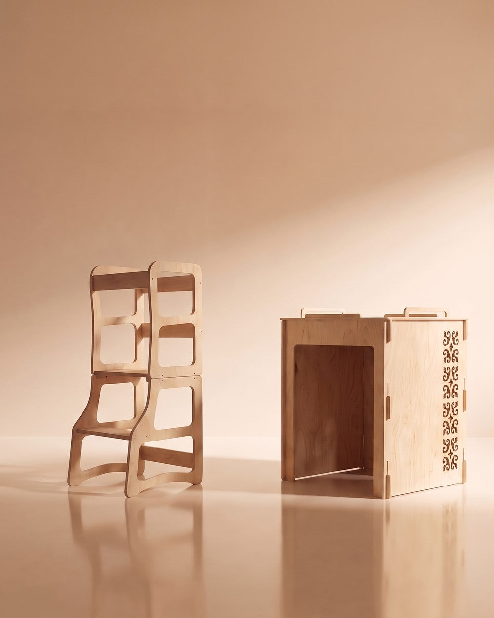 The Dunorm 4-in-1 birch learning tower beside the birch Litter-Robot cover on a warm studio backdrop