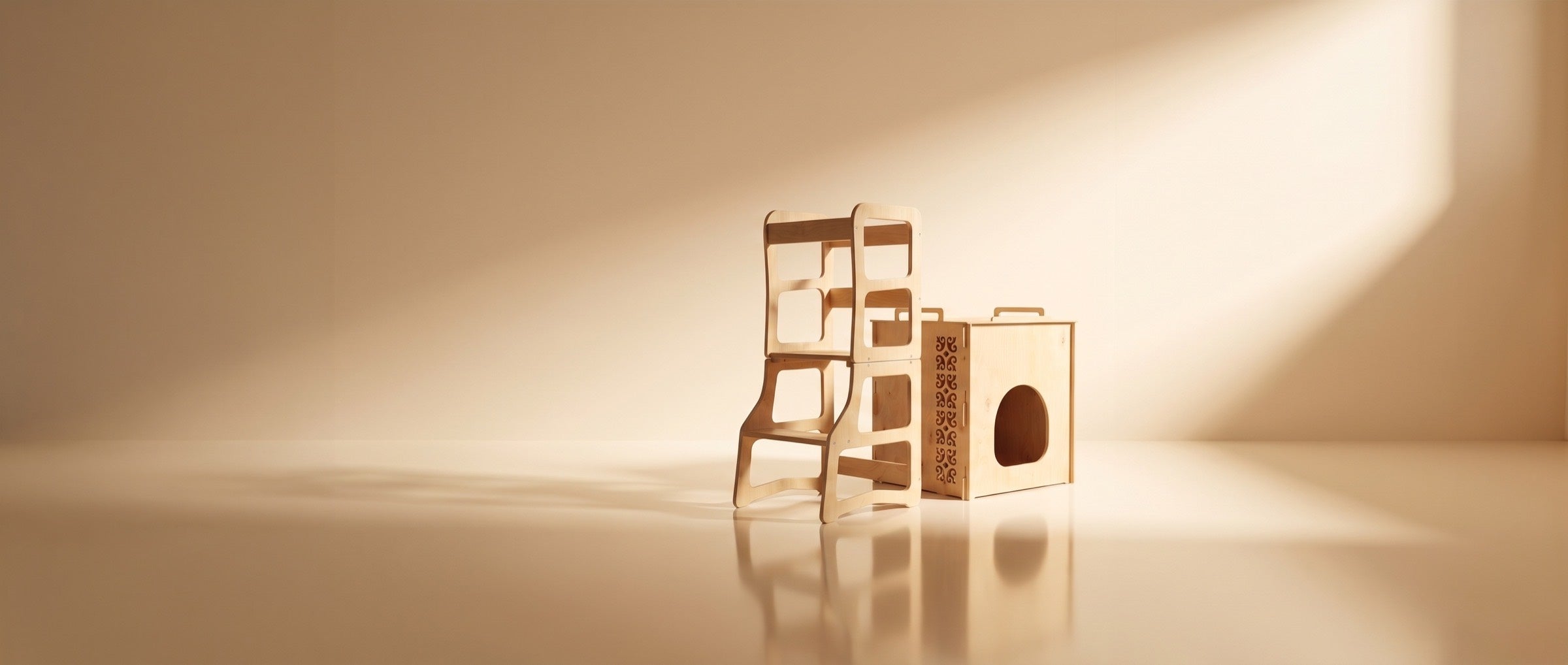 The Dunorm 4-in-1 birch learning tower beside the birch Litter-Robot cover on a warm studio backdrop