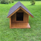Wooden doghouse on a grassy field