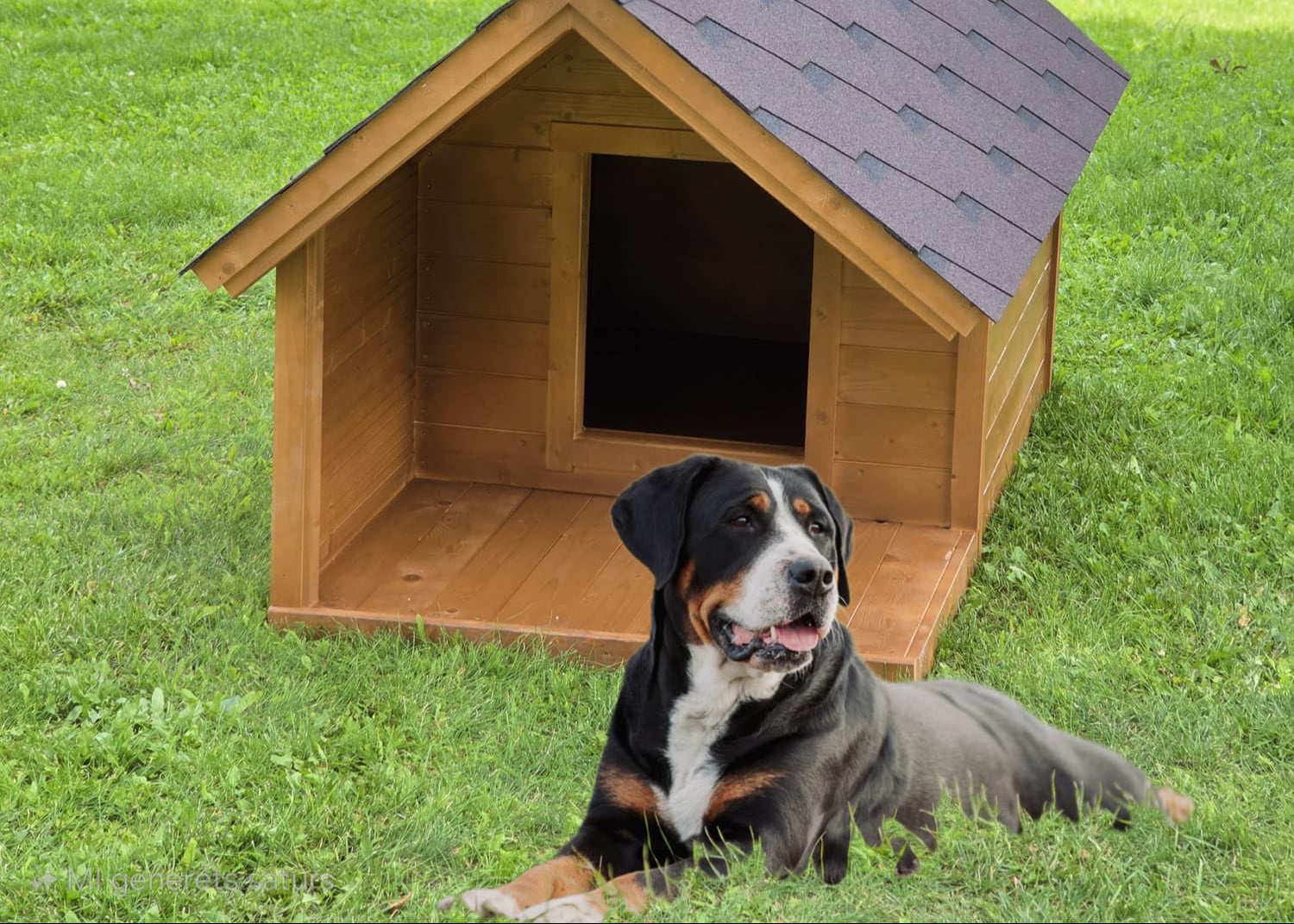 Dog sitting in front of a wooden doghouse on grass