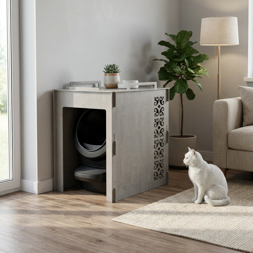 The rich gray cover with the litter robot inside its open front and a white cat beside it.