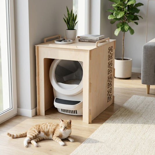 The handmade birch litter robot cover with the open front and laser-cut ornament, a cat resting beside it - furniture that hides the machine.