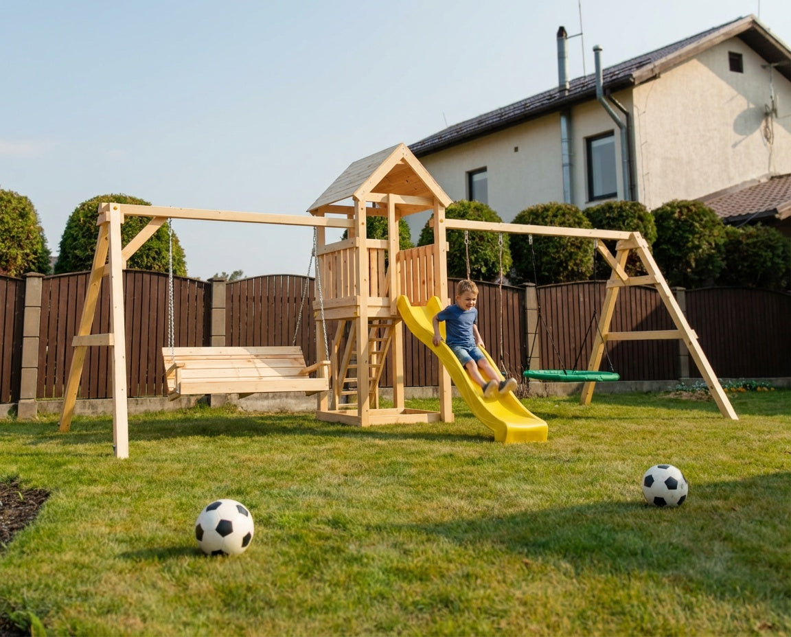 Bērnu rotaļu laukums ar diviem šūpoļu moduļiem