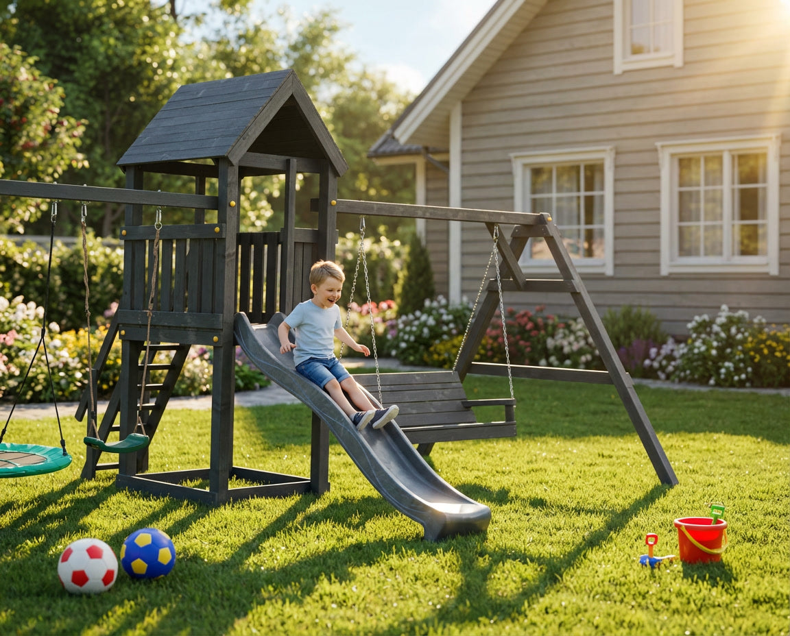 Bērnu rotaļu laukums ar diviem šūpoļu moduļiem
