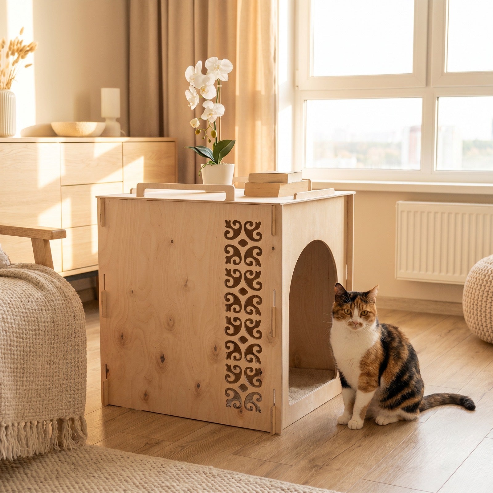 The handmade birch Litter-Robot cover styled as a side table in a warm living room, an orchid and books on top, a cat beside it - furniture, not a litter box.