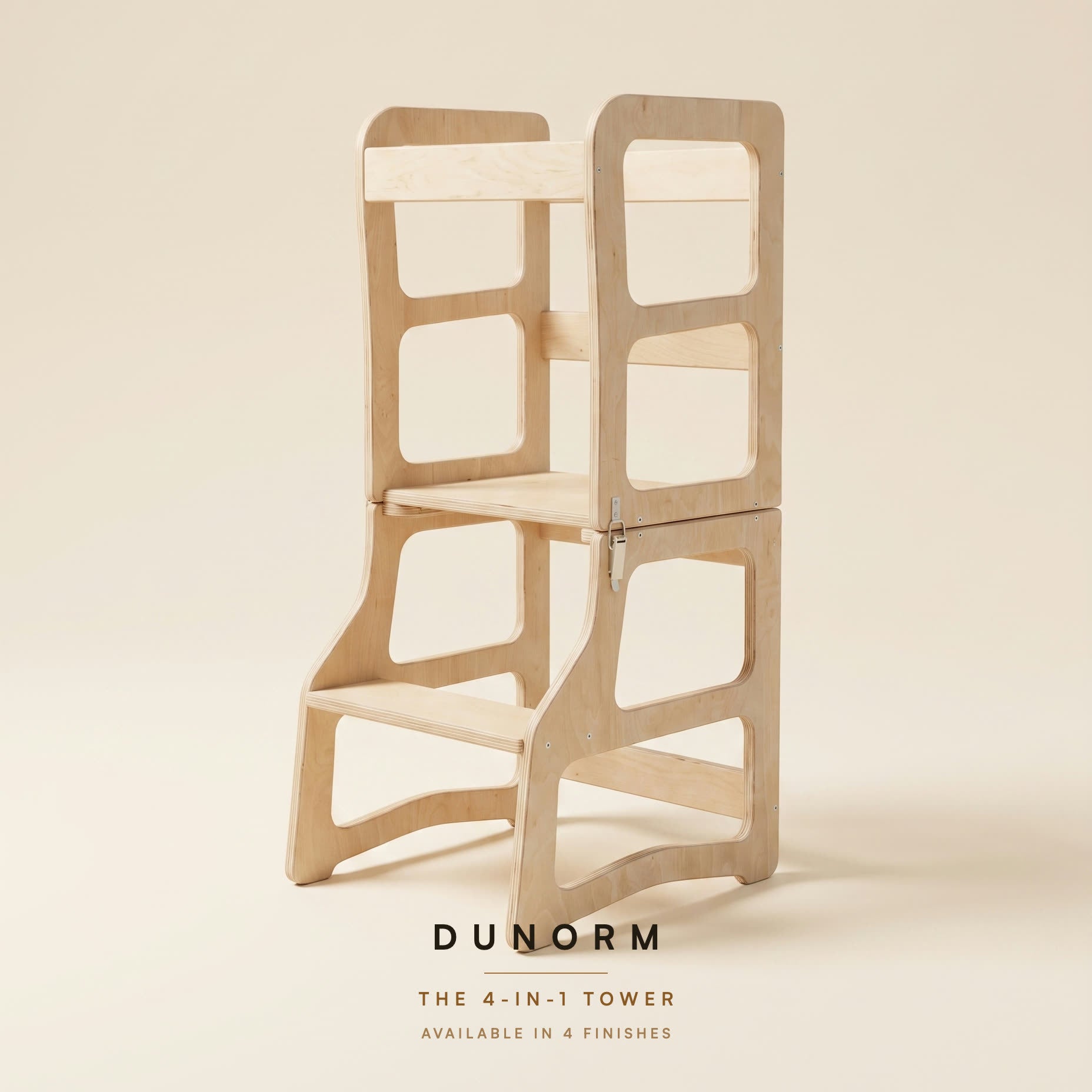 The Dunorm 4-in-1 learning tower, natural birch, four finishes