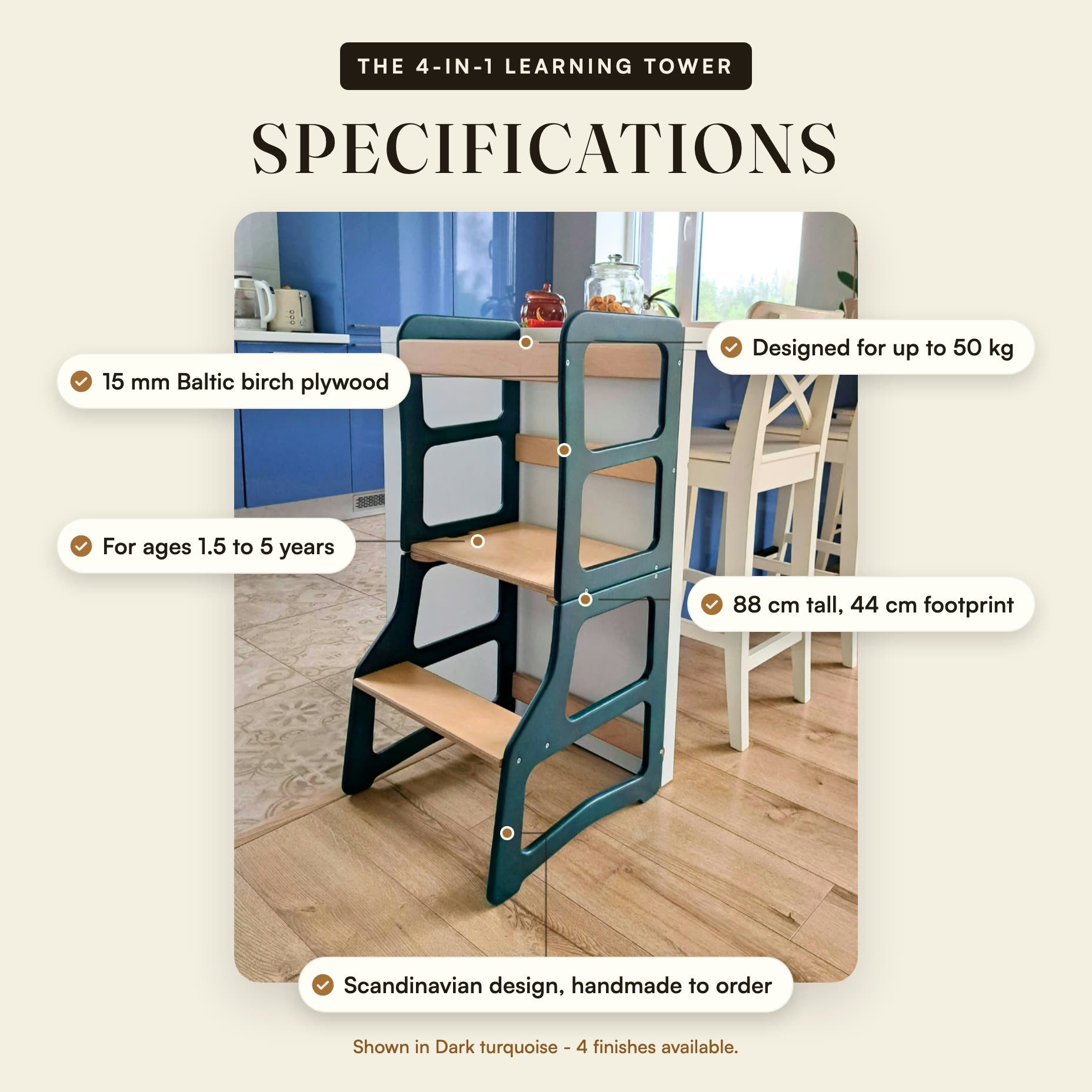 Specifications: 15 mm Baltic birch, up to 50 kg, ages 1.5 to 5, 88 cm tall