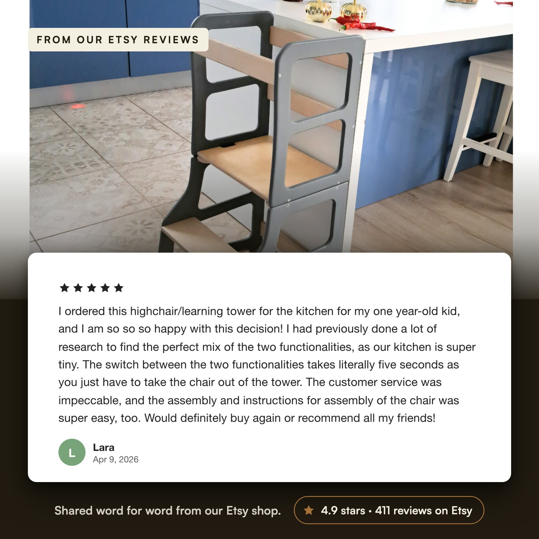 Five-star verified review from Lara, 4.9 stars across 411 reviews