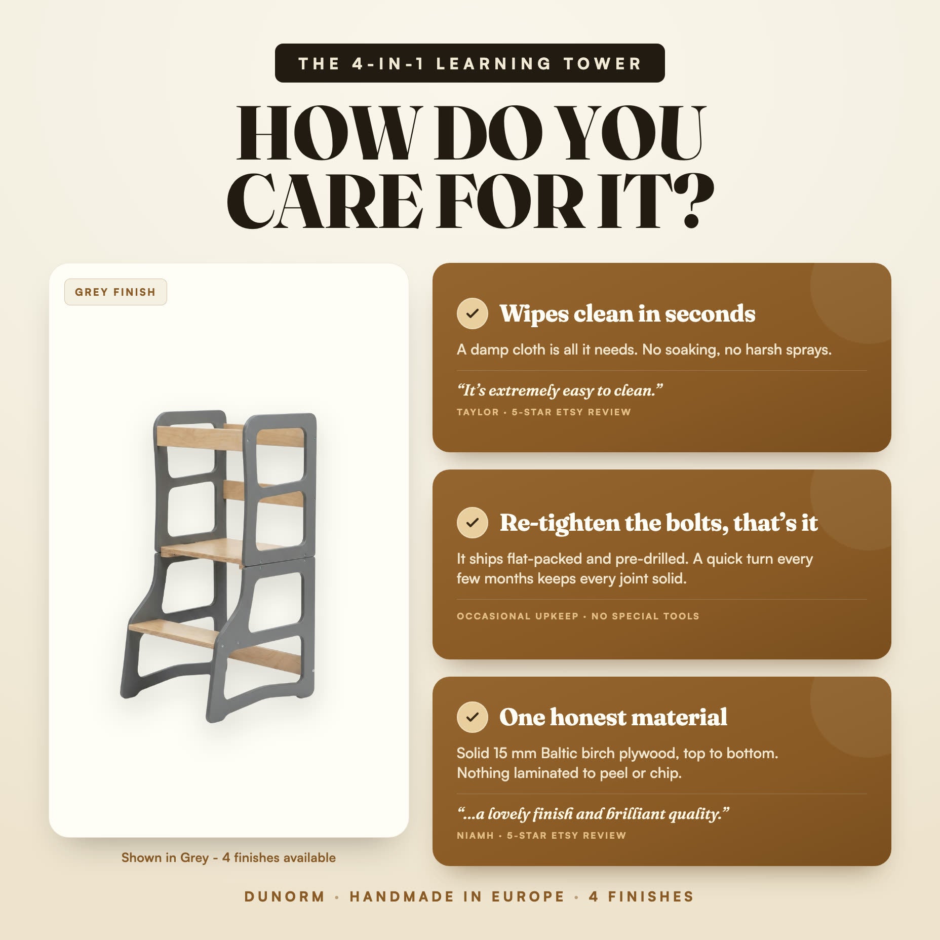 How to care for it: wipe clean, re-tighten the bolts, one honest material