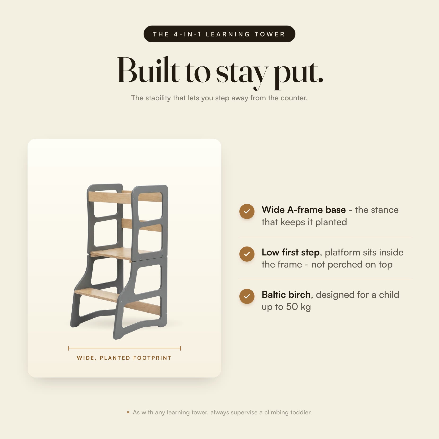 Built to stay put: wide A-frame base, low first step, designed for a child up to 50 kg