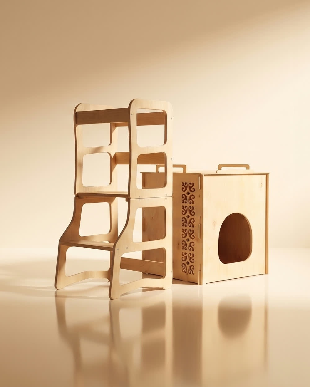 The Dunorm 4-in-1 birch learning tower beside the birch Litter-Robot cover on a warm studio backdrop