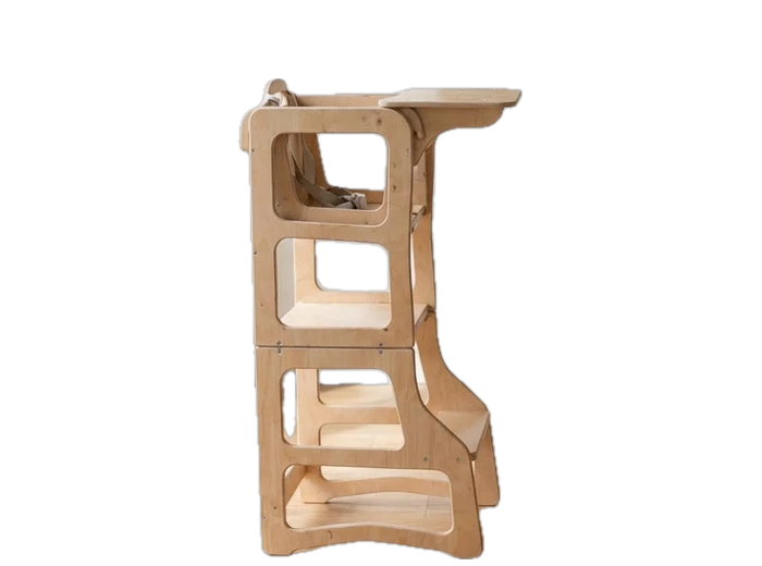 The tower with the infant high-chair extension fitted, a birch seat and tray at table height.