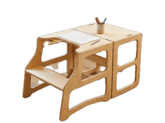 The same piece flipped into its play-table mode - a low birch table and bench for drawing and snacks.