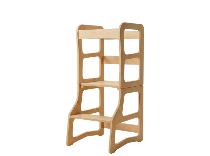 The 4-in-1 learning tower in its standing-tower mode - a birch platform at counter height with safety rails.